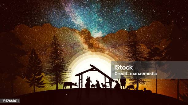 Christmas Nativity Scene Animation With Real Animals And Trees On Starry Sky On Golden Bg Stock Photo - Download Image Now