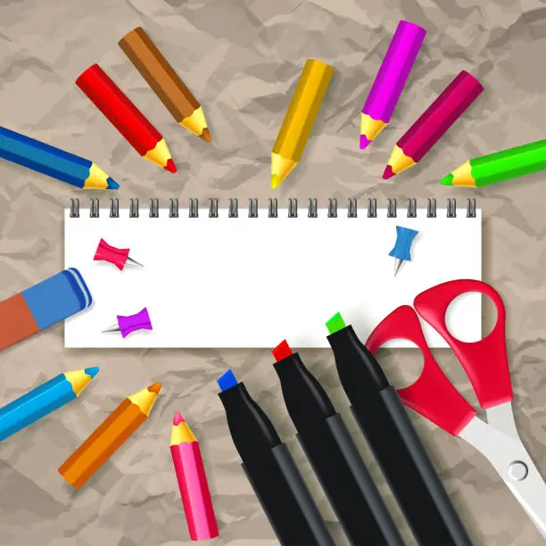 Vector illustration of Set of school supplies and spiral block note