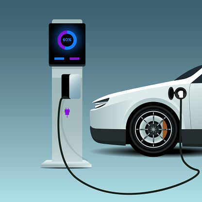 Modern electric smart sedan car charging parking at the charger station with a plug-in cable. vector illustration concept