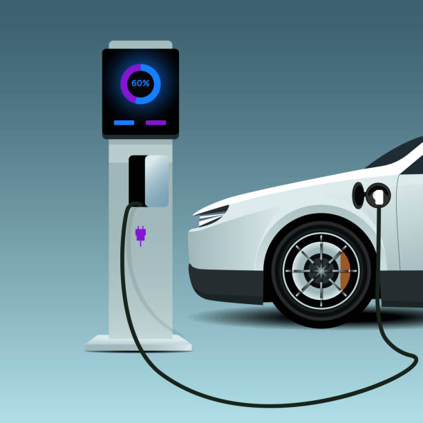 electric sedan car at the electro charger station. Modern electric smart sedan car charging parking at the charger station with a plug-in cable. vector illustration concept alternative fuel vehicle stock illustrations