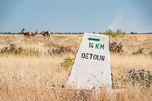 Detour Sign on Wildlife Loop Drive at Etosha National Park in Kunene Region, Namibia