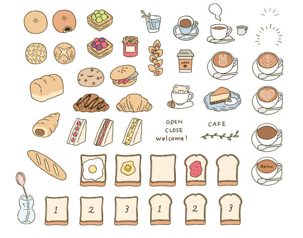 シンプルなタッチ 様々なパンやカフェモチーフイラストセット - 食パン点のイラスト素材／クリップアート素材／マンガ素材／アイコン素材