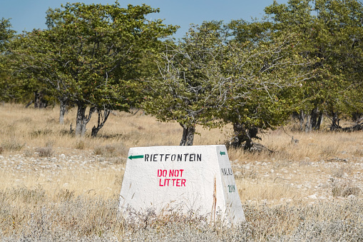 Do Not Litter Road Warning Sign at Etosha National Park in Kunene Region, Namibia