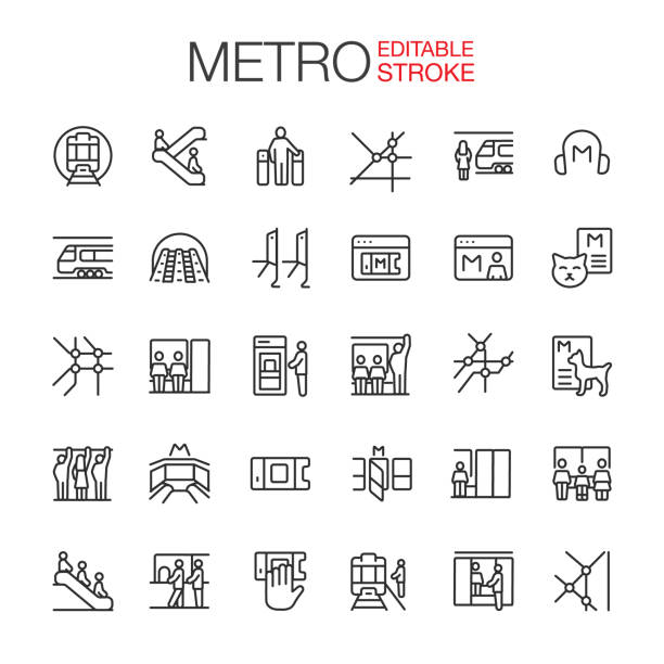 ilustraciones, imágenes clip art, dibujos animados e iconos de stock de metro, iconos de metro establecer trazo editable - subway train