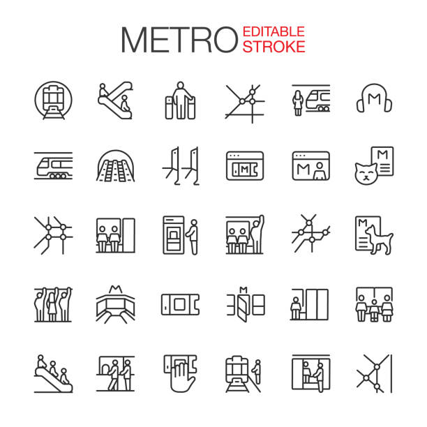 illustrazioni stock, clip art, cartoni animati e icone di tendenza di metro, subway icons set tratto modificabile - stazione della metropolitana