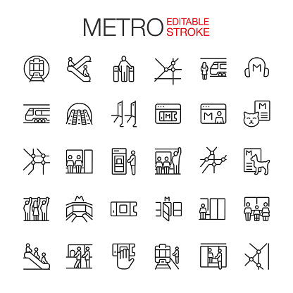 Metro, Subway icons set. Editable stroke. Thin line vector icons.