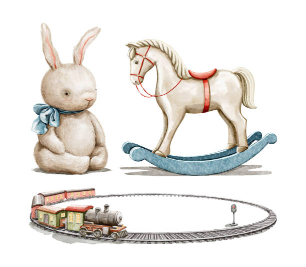 stockillustraties, clipart, cartoons en iconen met watercolor vintage cartoon rocking cute horse toy, children's railway and plush rabbit - hobbelpaard