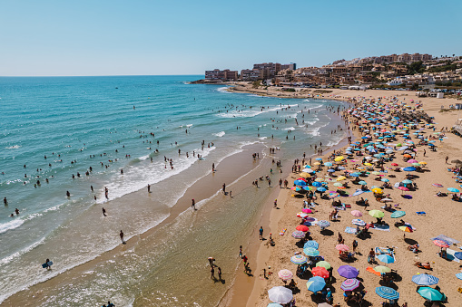 An aerial view of  people enjoying the weather at Ipanema Beach, Rio de Janeiro Brazil during coronavirus pandemic