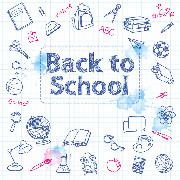 School doodle on the checkered page with watercolor blotsspace for text vector art illustration