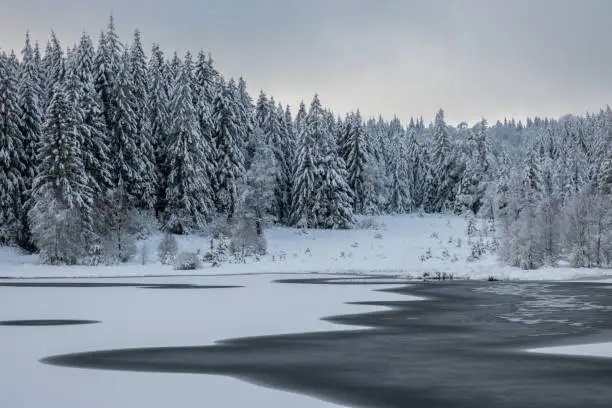 Wintermagic of a frozen lake on a snowy winterday