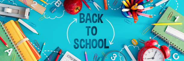 istock Back to school concept with text and school equipment on blue background 1412667321