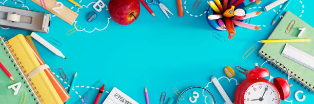 istock Back to school concept with school equipment and copy space on blue background 1412667324