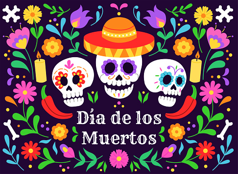 Dia de Los Muertos banner colorful style. Day of the Dead. Vector flat cartoon illustration with skulls and colorful flowers. Mexico Halloween party flyer.