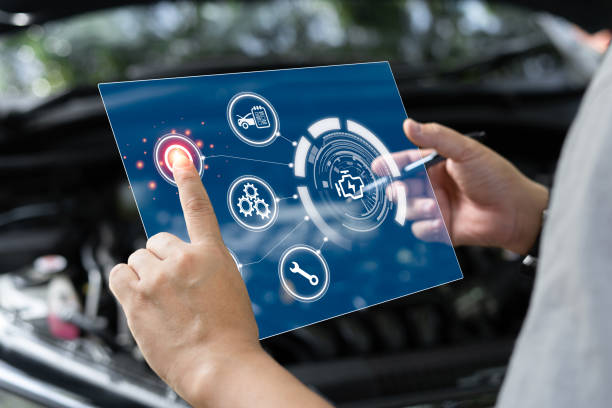istock Car service and business on virtual screen concept, Serviceman check service item on-screen icon for maintenance and service with the engine room in the background, Smart work and technology 1412668334