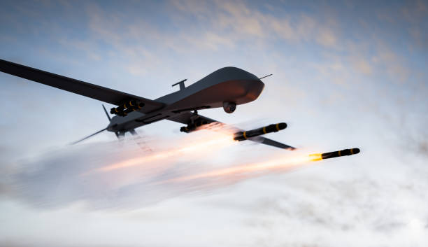 istock Military combat drone UAV launching missiles 1412669516