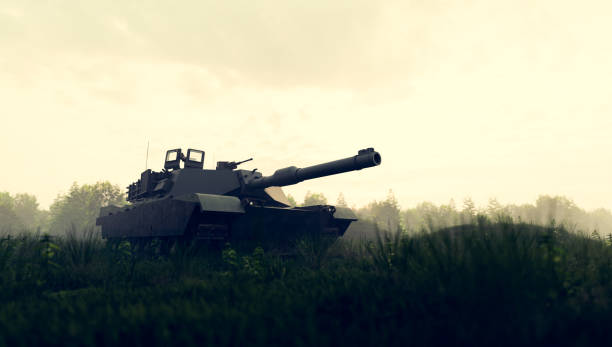 istock Military tank in combat on the field 1412670219