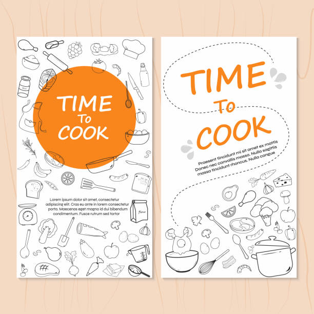 illustrations, cliparts, dessins animés et icônes de ensemble de bannières alimentaires avec des icônes de ligne de nourriture et d’ustensiles - magasin dustensiles de cuisine