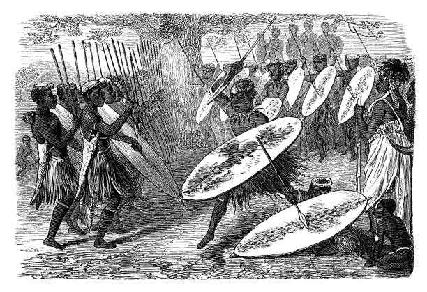 Antique illustration, ethnography and indigenous cultures: Africa, Zulu dancing Antique illustration, ethnography and indigenous cultures: Africa, Zulu dancing african warriors stock illustrations