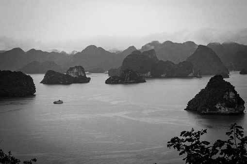 Halong Bay, Vietnam. Halong Bay rainy day. Halong Bay in black and white