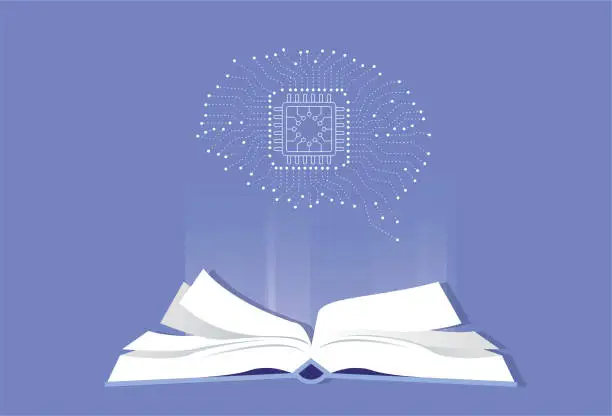 Vector illustration of Books and human brain chips, intelligent AI