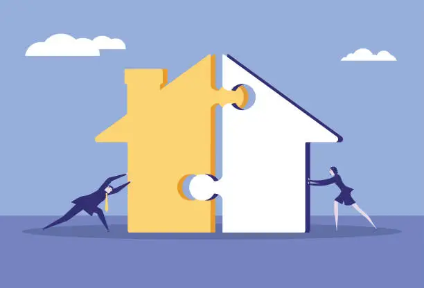 Vector illustration of Man and woman putting together a puzzle house and building a family together