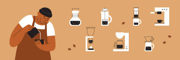 Coffee brewing methods icons set and vector illustration of happy barista making cappuccino latte art Diversity coffee brewing method vector icons set and happy barista making cappuccino latte art. French, aero press, chemex, pour over, siphon illustration. Drip brew, espresso, filter coffee makers flat white stock illustrations