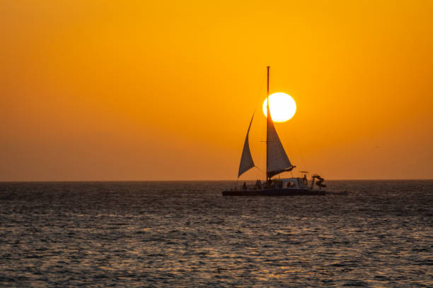 Idyllic beach with sailboat in Aruba at golden sunset, Dutch Antilles stock photo