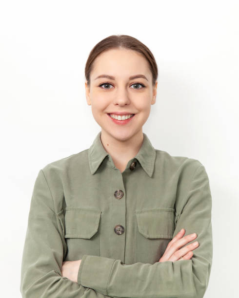 Studio portrait of attractive 20 year old woman with brown hair stock photo