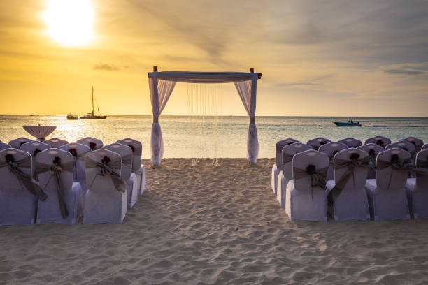 Wedding in Idyllic caribbean beach at sunset in Aruba, Dutch Antilles stock photo