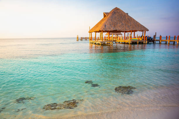 Tropical paradise: Cancun idyllic caribbean beach with with rustic palapa pier, Riviera Maya, Mexico