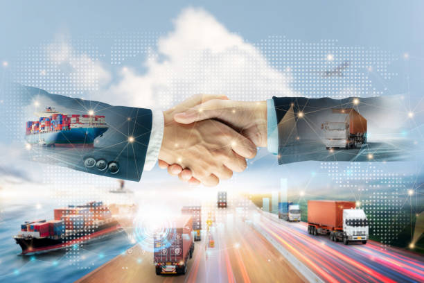International partnership logistics import export transport concept of handshake with global business network distribution and shipping freight delivery service, Successful investment partners deal stock photo