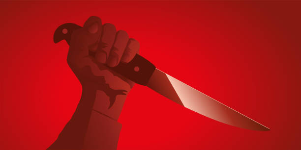 The raised hand of a murderer, holding a knife. Concept of murder and serial killers with the symbol of a raised hand holding a knife, on a red background. murderer stock illustrations