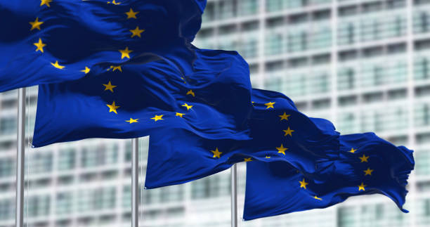 grupo de bandeiras da união europeia acenando ao vento - european community government flag sign - fotografias e filmes do acervo