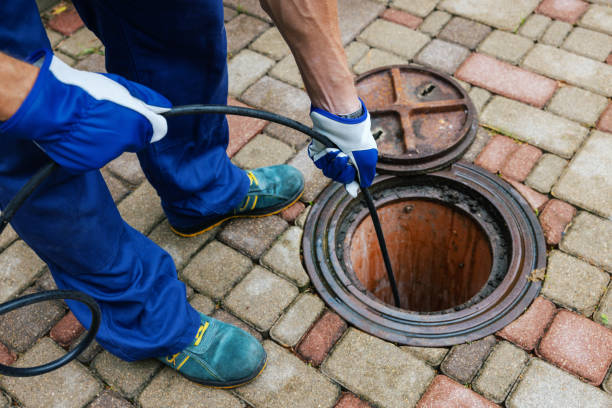 kanalreinigungsservice - arbeiter reinigen eine verstopfte drainage mit hydro jetting - kanalisationsabflüsse stock-fotos und bilder