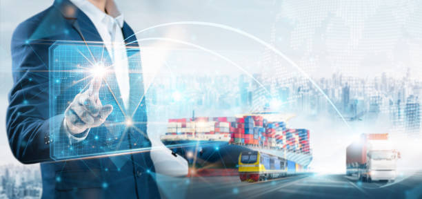 istock Global Business logistics import export transportation and smart technology concept, Businessman press on virtual screen of logistic network distribution, Container cargo freight ship background 1412684245