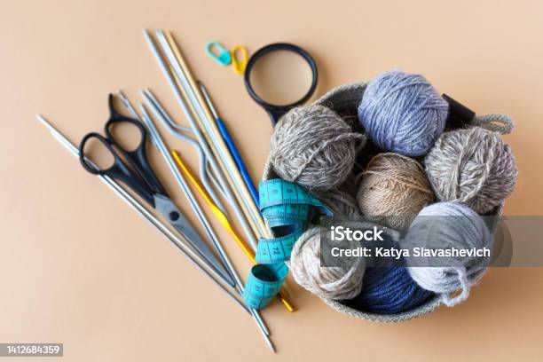 Knitting Accessories Stock Photo - Download Image Now - Knitting Needle, Sewing Kit, Flat Lay