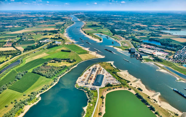 drone shot of the river Maas with floodplain stock photo
