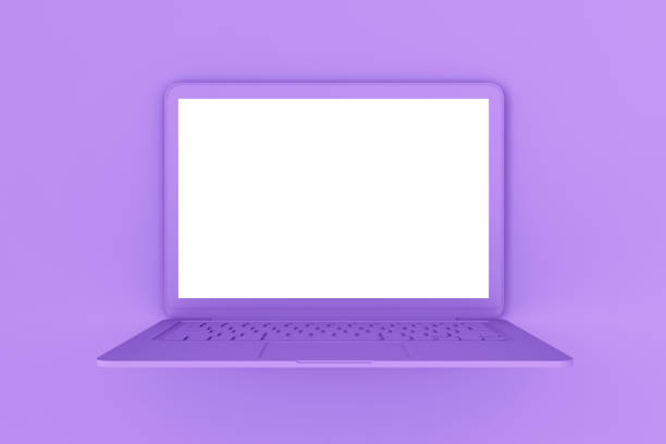 istock Abstract image of seamless purple laptop with white screen background. Design and device concept. Mock up, 3D Rendering. 1412686422
