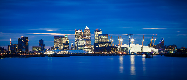 Panoramic view of London skyline over the River Thames featuring Canary Wharf, O2 Arena and The Shard, London, England, United Kingdom, Europe