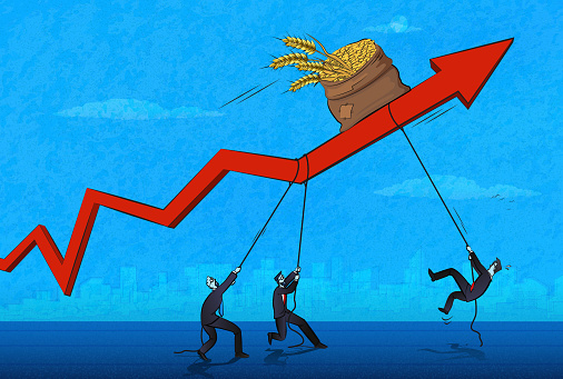 Men trying to reach the bag of wheat that rises up on the arrow. Wheat price increase concept. (Used clipping mask)