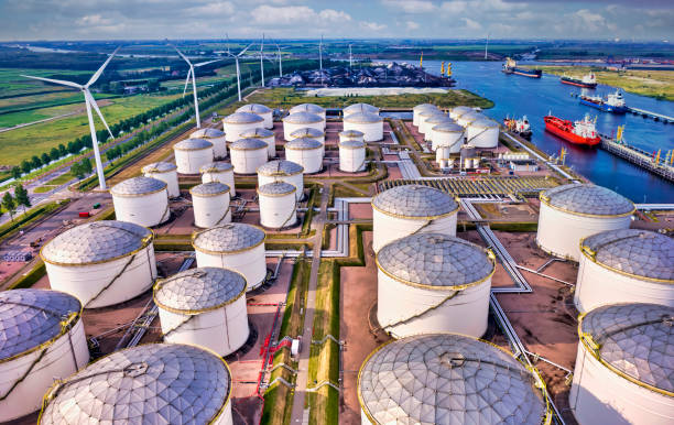 gas storage with water canal for transport stock photo