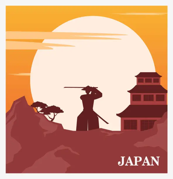 Vector illustration of Postcard with bright Japanese landscape.