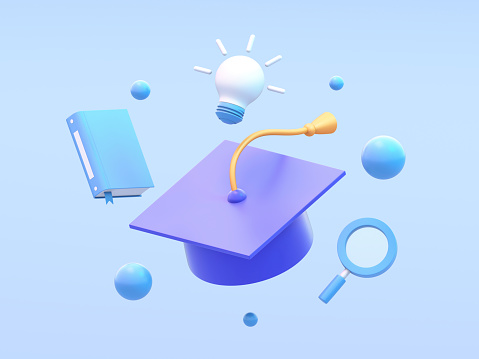 Graduation cap, book, light bulb, magnifying glass on a blue background. 3d illustration