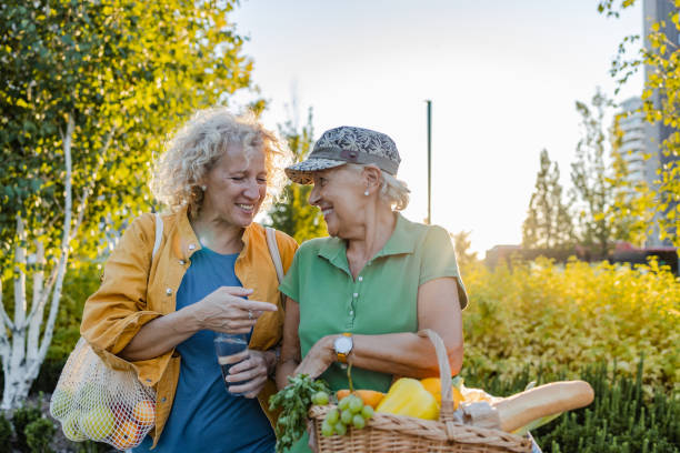 Portrait of mature and senior woman with a basket full of fresh vegetables and fruits Portrait of two housewives coming back from supermarket. Smiling women are carrying fruits and vegetables. green environment friendly stock pictures, royalty-free photos & images