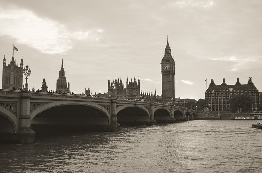 Black and white photo of iconic London, England