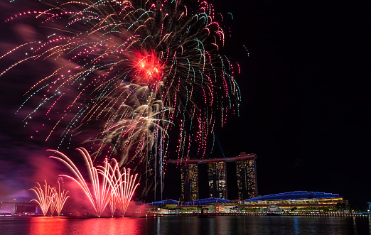 Fireworks shot during Singapore National Day 2022 rehearsal at the Marina Bay