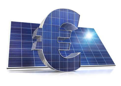 Solarpanel with Euro symbol panel on white background Hu