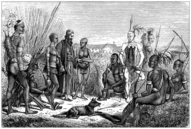 Antique illustration, ethnography and indigenous cultures: Africa, Bari people Antique illustration, ethnography and indigenous cultures: Africa, Bari people african warriors stock illustrations