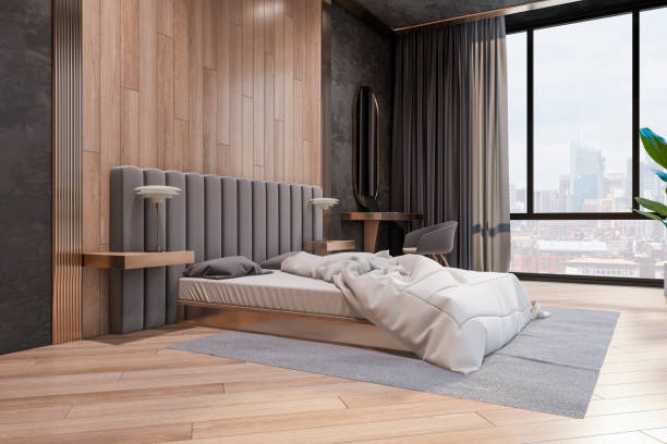 Clean wooden and concrete stylish hotel bedroom interior with window and city view. Design concept. 3D Rendering. stock photo