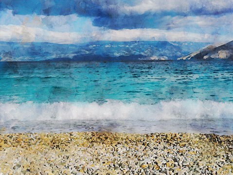 Watercolor painting effect on a photo of an empty pebble beach in Krk island, Croatia. Detail of an empty stone beach, sea waves, mountains and hills of other islands in the background. Watercolor effect on a photography.